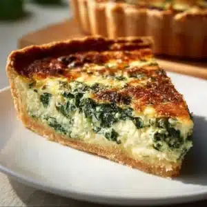 Delicious ricotta spinach quiche served on a wooden table