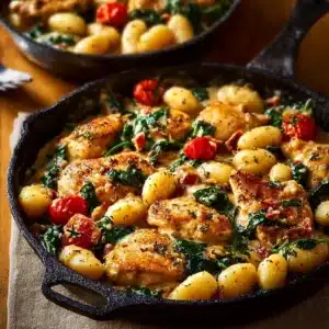 Savory garlic chicken and gnocchi skillet served hot with herbs