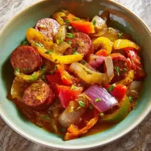 Slow-cooked Andouille Sausage served with vegetables and spices.