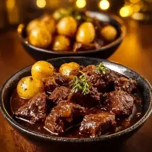 Slow cooker garlic butter beef bites served with potatoes on a plate