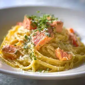 Delicious smoked salmon carbonara served with freshly grated parmesan and herbs