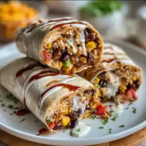 Delicious and colorful vegan burrito wraps served on a plate
