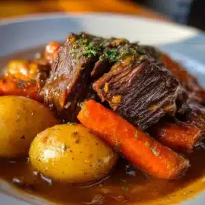 Delicious crockpot round steak served with vegetables and gravy