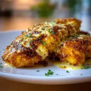 Delicious Baked Caesar Chicken served on a plate with fresh greens and Caesar dressing.