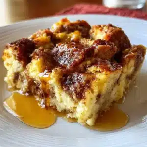 Baked French Toast Casserole topped with syrup and berries on a serving platter.