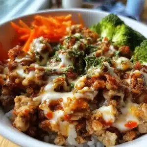 Bang Bang Ground Turkey Bowls topped with fresh vegetables and spicy sauce
