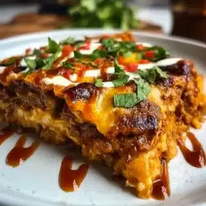 Beef Enchilada Casserole topped with cheese and fresh herbs