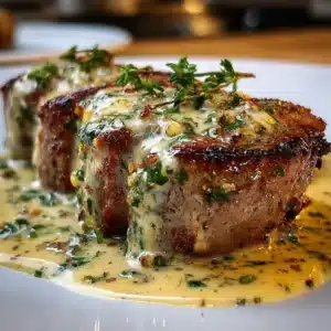 Beef tenderloin topped with creamy Dijon mustard sauce on a white plate