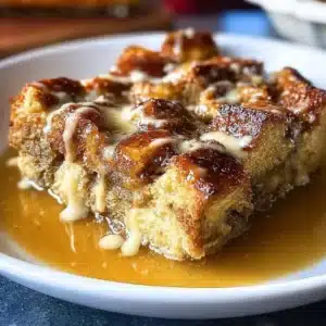 Delicious homemade bread pudding topped with caramel sauce and cinnamon