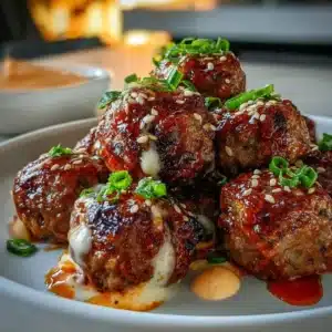 Delicious Korean BBQ meatballs served with spicy mayo dip
