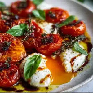 Delicious roasted tomatoes topped with creamy burrata cheese.