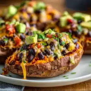 Black bean and avocado stuffed sweet potatoes on a plate