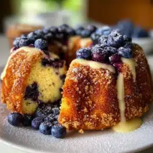 Blueberry breakfast bundt cake topped with fresh blueberries and glaze