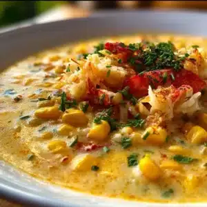 Bobby Flay's crab corn chowder recipe garnished with fresh herbs