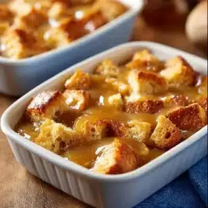 Delicious homemade bread pudding served with vanilla sauce.