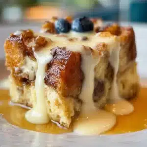 Delicious bread pudding drizzled with creamy vanilla sauce