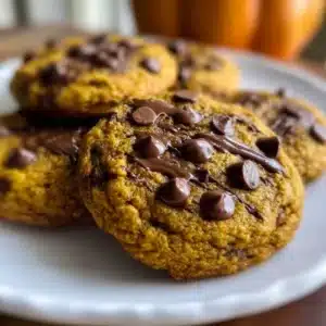 Brown butter pumpkin chocolate chip cookies on a baking tray