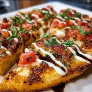 Delicious bruschetta pizza topped with fresh tomatoes and basil