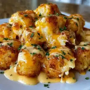 Cheddar Ranch Chicken Tater Tot Bake topped with melted cheese and ranch seasoning