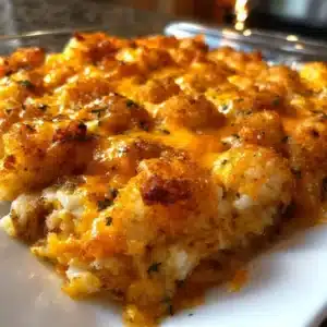 Delicious Cheddar Ranch Chicken Tater Tot Bake topped with cheese and ranch seasoning