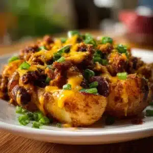 Baked cheesy taco potatoes topped with melted cheese and spices