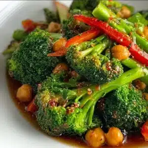 Chickpea Broccoli Stir Fry with Garlic Sauce in a colorful dish