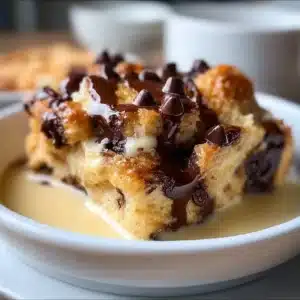 Delicious serving of chocolate chip bread pudding topped with whipped cream and chocolate drizzle.