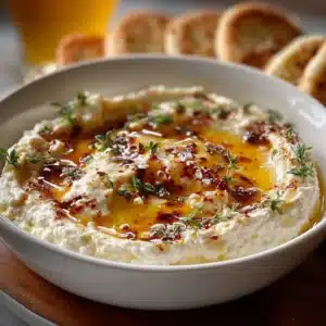 Classy spicy ricotta dip topped with hot honey, perfect for appetizers.