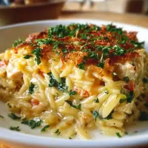 Creamy Chicken Pot Pie Orzo garnished with herbs in a bowl