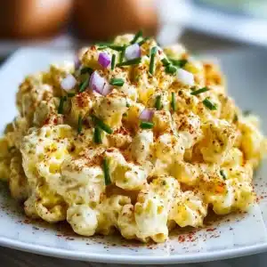 Creamy deviled egg macaroni salad served in a bowl