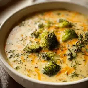 Creamy broccoli cheddar soup made in an Instant Pot, served in a bowl.