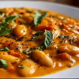 Creamy vegan tomato white bean stew in a bowl with fresh herbs