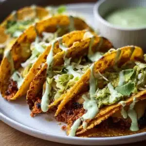 Crispy baked turkey tacos served with creamy avocado sauce on a wooden plate.