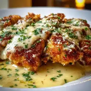 Crispy Parmesan Chicken served with Garlic Cream Sauce on a plate
