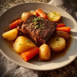 Delicious and tender Crockpot Roast served with vegetables