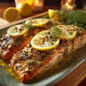 Deliciously cooked Crockpot Salmon served with herbs and vegetables.