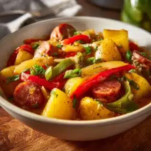 Crockpot Sausage and Potatoes dish served in a bowl with herbs