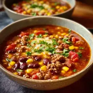 Crockpot taco soup served in a bowl with toppings.