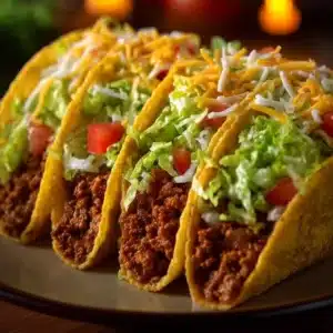 Delicious Crockpot Tacos served in tortillas with toppings.