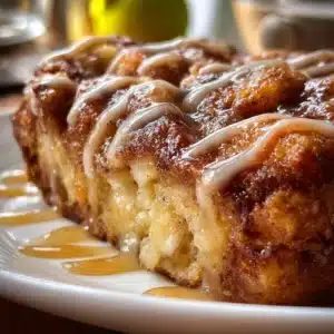Sliced apple fritter cake topped with glaze, ready to serve as a sweet dessert.