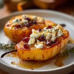 Baked pears with feta and honey on a plate, garnished with herbs