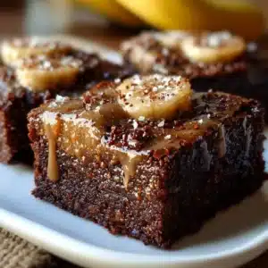 Homemade banana bread brownies stacked on a white plate