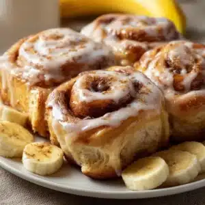 Delicious homemade banana bread cinnamon rolls drizzled with icing