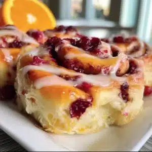 Freshly baked cranberry orange rolls topped with icing