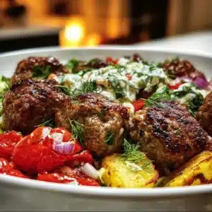 Delicious Greek meatball bowl with fresh vegetables and herbs