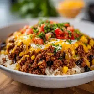 Delicious beef burrito bowl with ground beef, rice, and fresh toppings