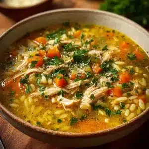 Bowl of Italian Penicillin Soup with beef and herbs