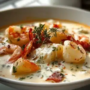 Bowl of delicious Nova Scotia seafood chowder with fresh seafood ingredients