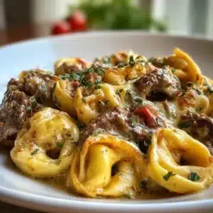 Philly cheesesteak tortellini pasta dish with peppers and cheese