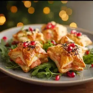 Delicious puff pastry stars filled with salmon ready to serve.